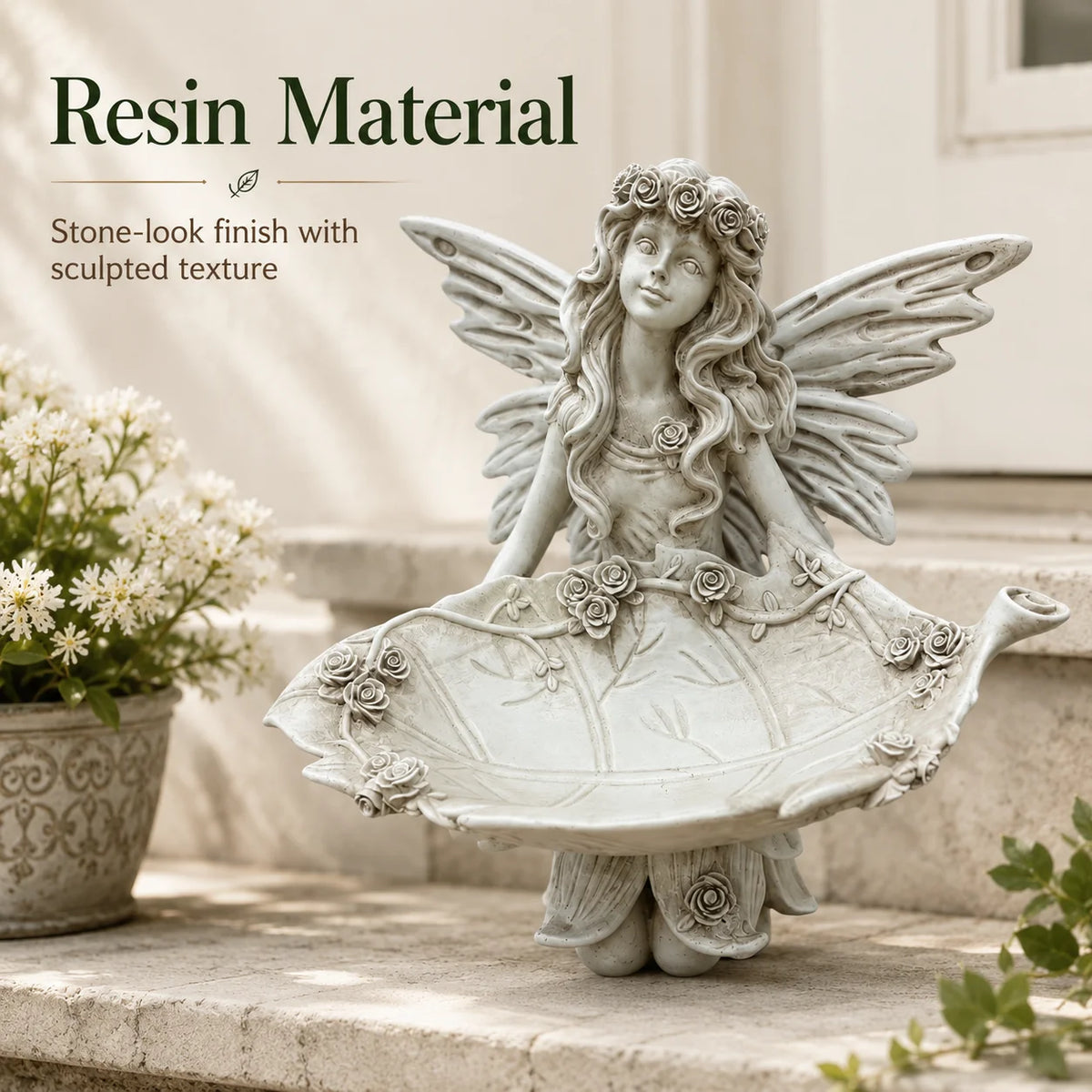 Garden Fairy Statue Bird Feeder with Leaf Tray Resin Art Figurine Outdoor Garden Patio Lawn Yard Decorative Bird Bath Ornament