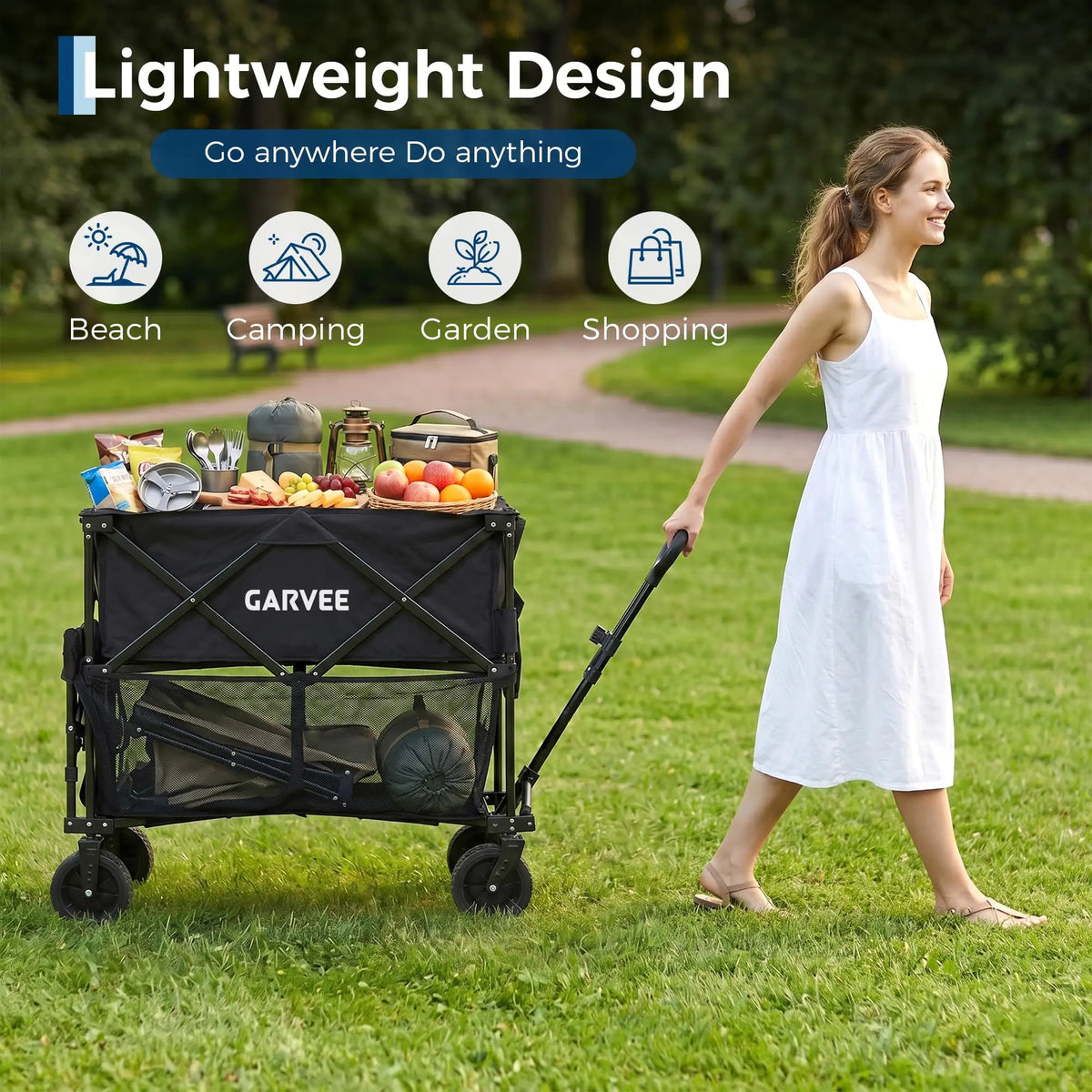 2-Tier Collapsible Garden Wagon Cart 220 lb Heavy-Duty Folding Utility Wagon 120L Expandable Storage All-Terrain Wheels Brakes Cup Holders