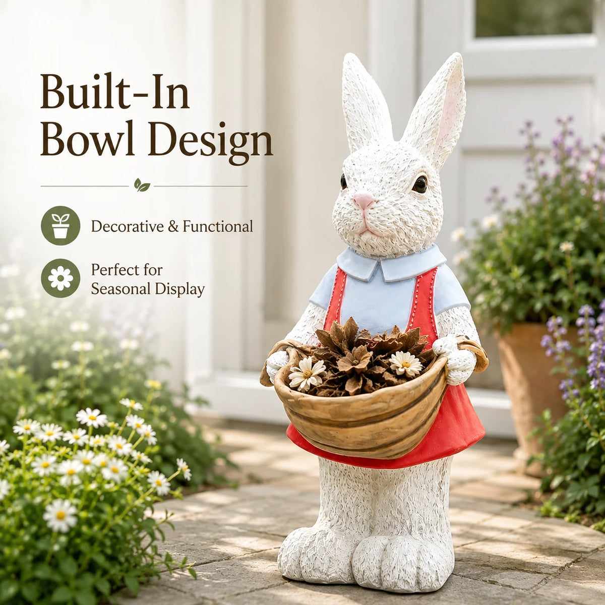 Outdoor Rabbit Garden Statue Bunny Flower Pot Holder Resin Garden Sculpture Patio Yard Lawn Porch Decor Hand Painted Ornament