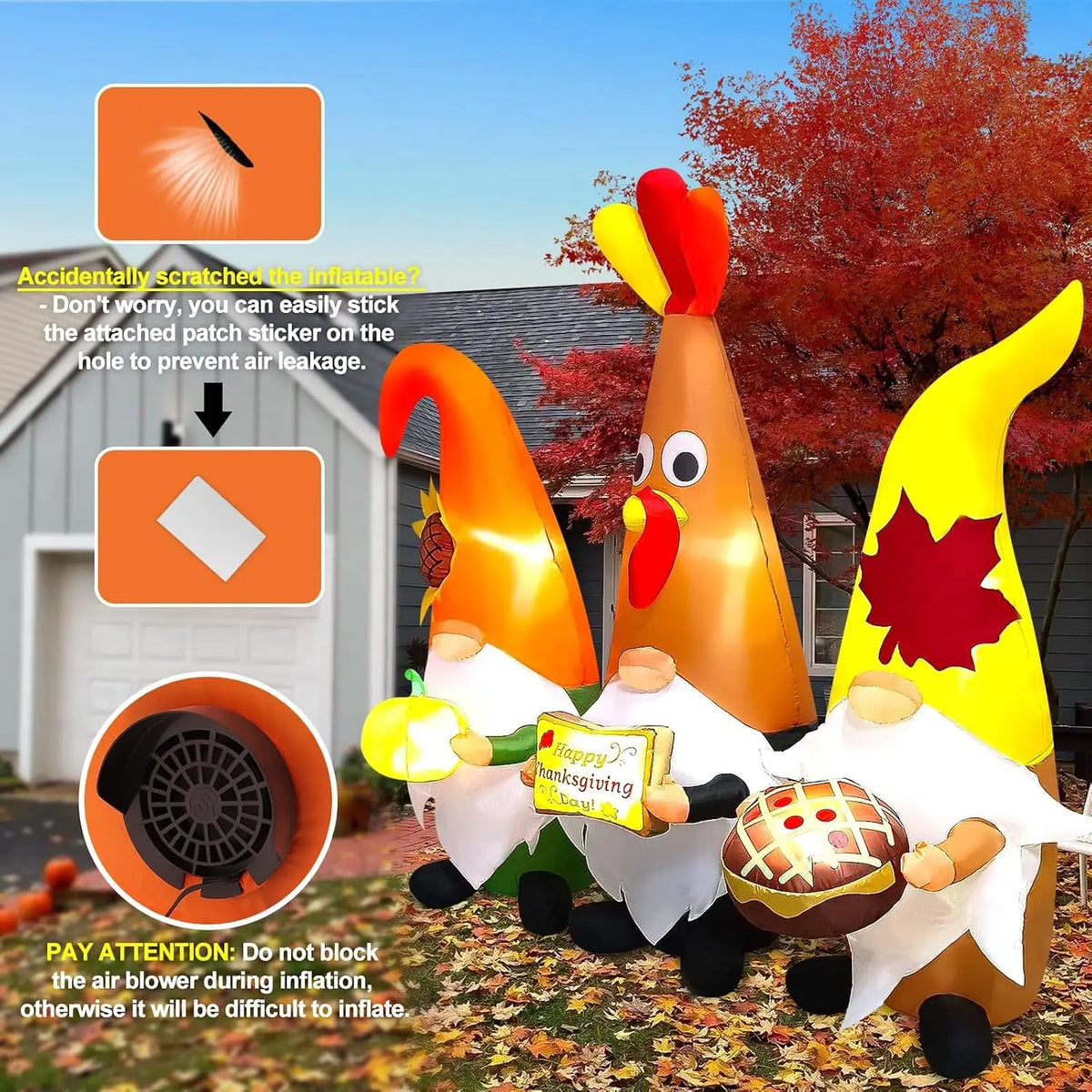 7FT Thanksgiving Day Inflatable Gnome Trio with LED Light, Fall Harvest Outdoor Decoration, Blow-Up Yard Inflatable for Lawn, Home, Autumn Holiday Party