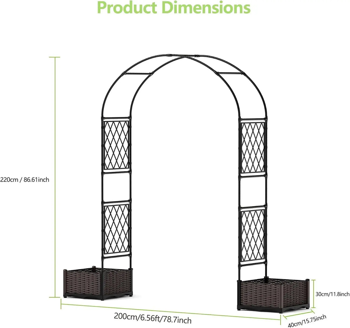 Metal Garden Arch Trellis with Built-in Planter Boxes Integrated Dual Planter Boxes Elegant Round Arched Top Lattice Side Panels Sturdy Metal Frame Spacious Climbing