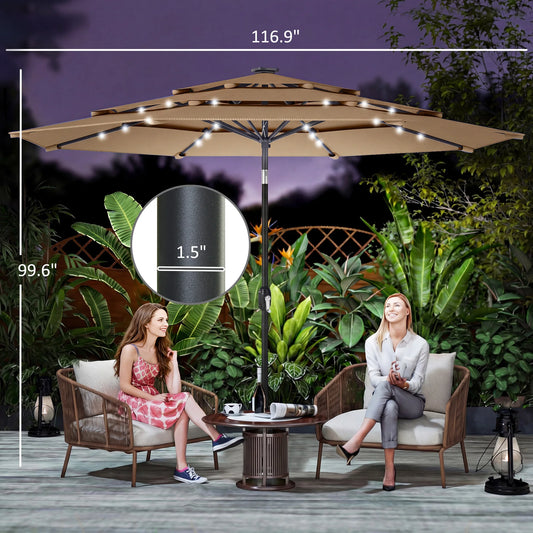 9.7 ft Outdoor Patio Umbrella with Lights, Khaki