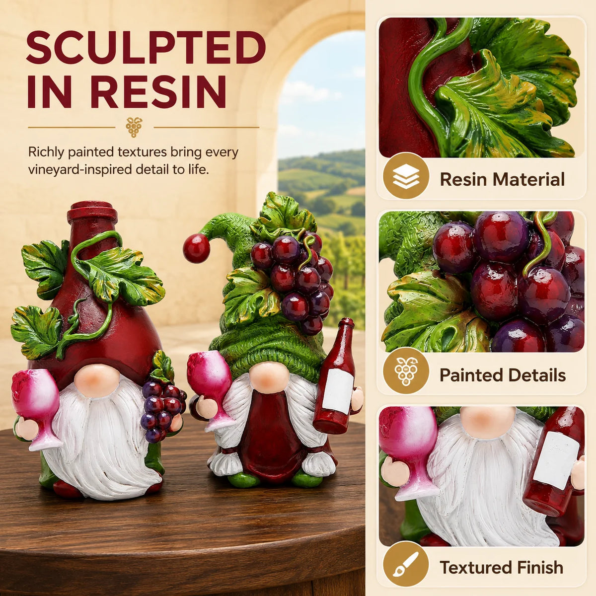 Hodao Wine Lover Gnome Statue Pair, Resin Figurines with Burgundy Bottle Hat, Green Grape Cap, Pink Goblets, Leaf Accents and White Beards, Whimsical Collectible Home Bar Decor for Kitchen Countertop, Winery Shelf, Hostess, B