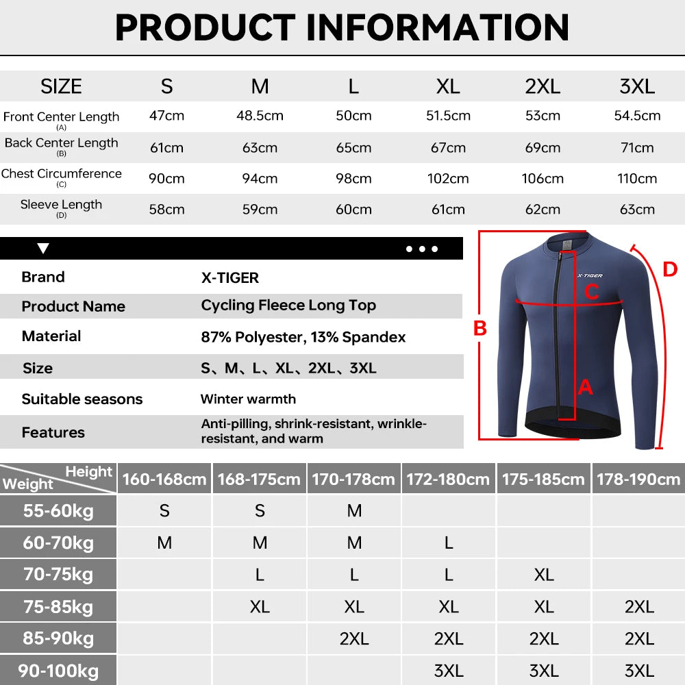 X‑TIGER Thermal Fleece Long Sleeve Cycling Jersey Fit Wind Resistant Full Zip Bike Jersey With Rear Pockets For Men Winter Warm MTB Road Cycling Clothing