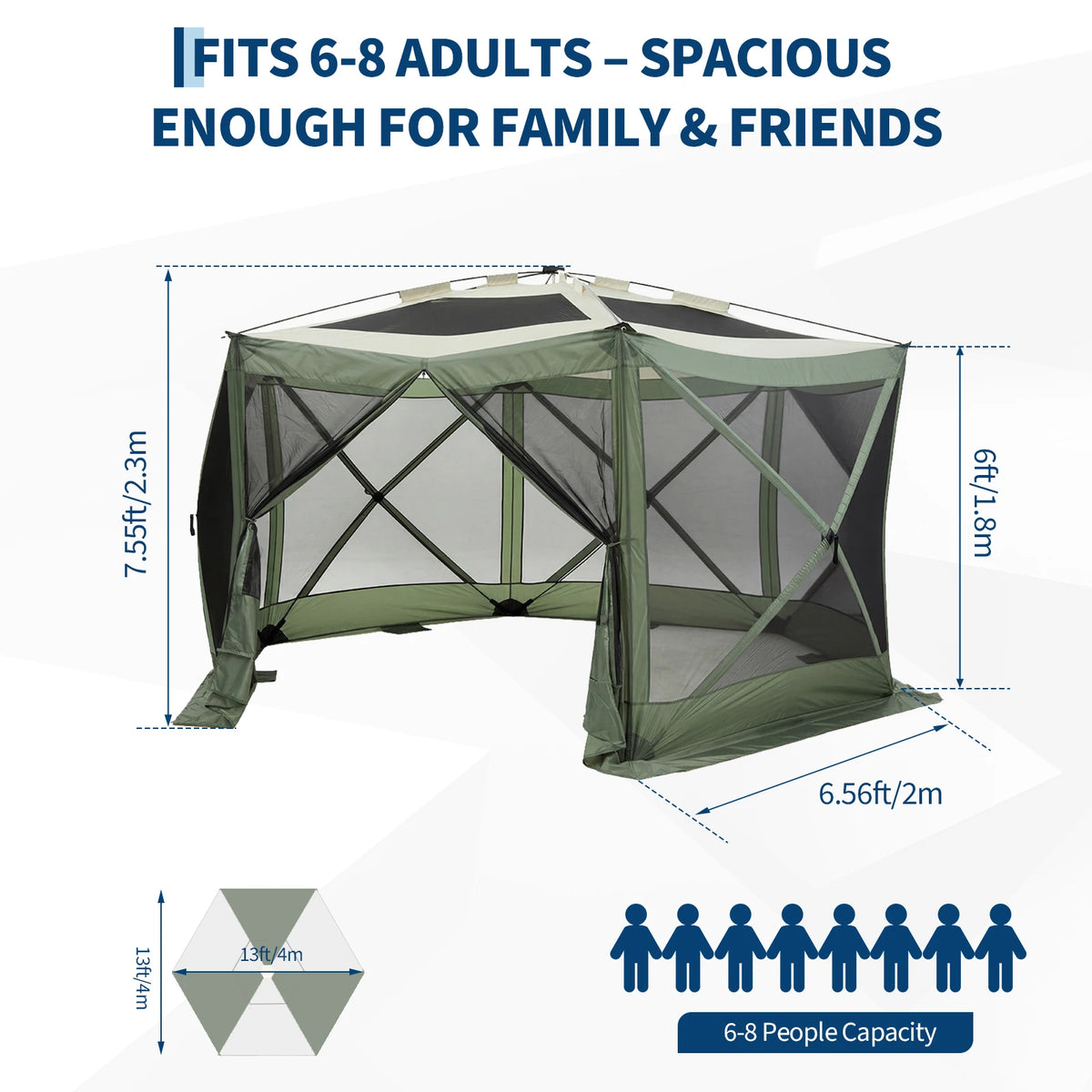 13x13FT 6-Sided Outdoor Canopy with Removable Wind Cloth and Carry Bag - Bite-Proof Mesh Patio Shelter for Backyard, Patio, Camping - Beige & Khaki / Green & Light Grey