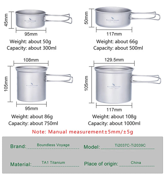 Boundless Voyage Outdoor Titanium Camping Pot Pan Set with Folding Handle Picnic Hiking Mini Size Cookware Mess Kit Ti2037-39C
