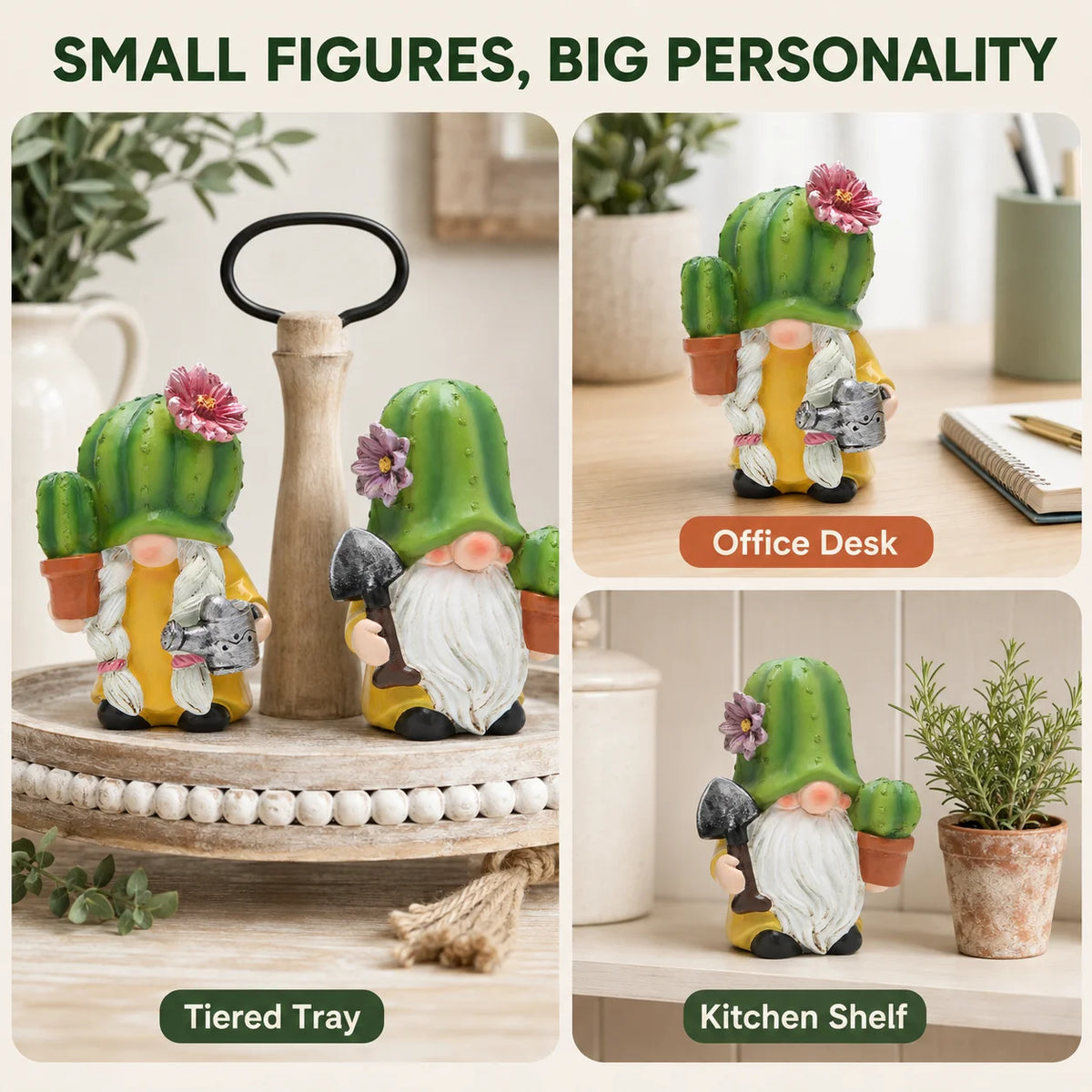 Hodao 2-Piece Cactus Gnome Figurine Set, Resin Gardener Couple with Flowering Succulent Hats, Potted Plants, Watering Can and Trowel, Collectible Farmhouse Tabletop Decor for Kitchen Shelf, Patio, Sunroom, Housewarming, Birth