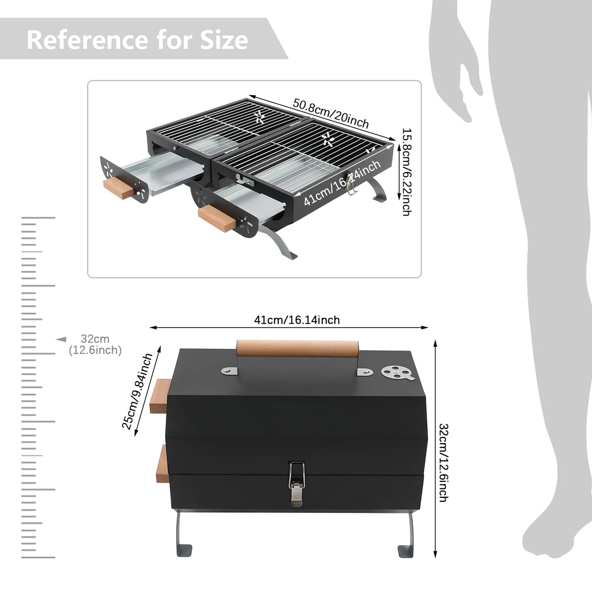 Portable Charcoal Grill, Outdoor BBQ Grill, Folding Charcoal Grill, Double-Sided Carbon Steel, Adjustable Vent Camping Picnic Grill