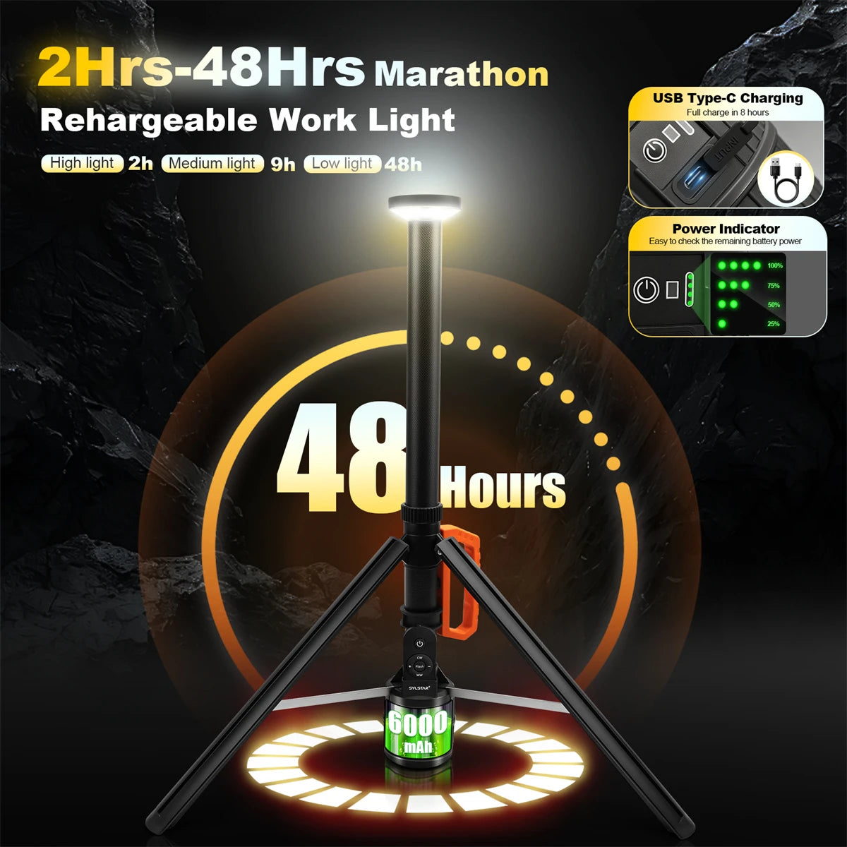 360° Rechargeable Work Light with Remote &Telescopic Stand (8.4Ft), 3000LM Ultra Bright 3CCT Dimmable, 5 Height Adjustments,6000mAh Battery, Portable Camping Light for Jobsite Sports