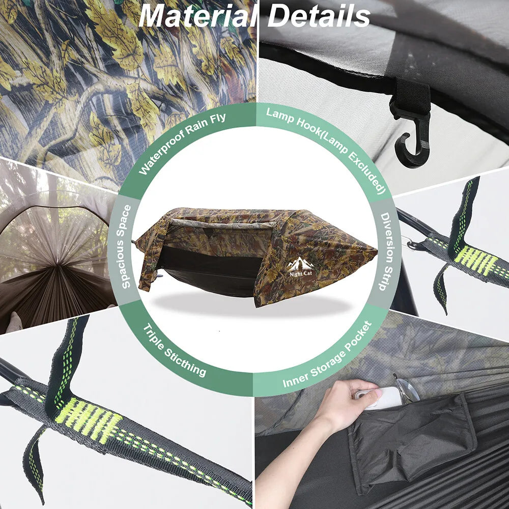 Night Cat 3 in 1 Hammock Tent with Storage Pocket for Sleeping Pad(Exclude) with Bug Net and Rainfly 1 Person Backpacking Camp Tent Waterproof Lightweight 440lbs
