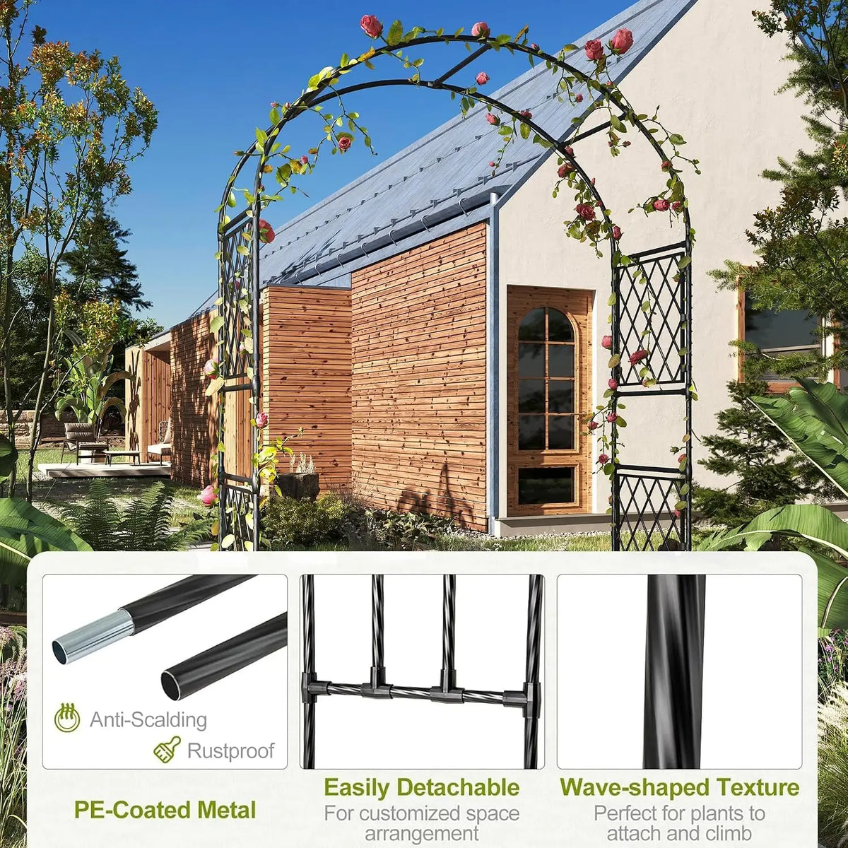 Metal Garden Arch Trellis with Built-in Planter Boxes Integrated Dual Planter Boxes Elegant Round Arched Top Lattice Side Panels Sturdy Metal Frame Spacious Climbing