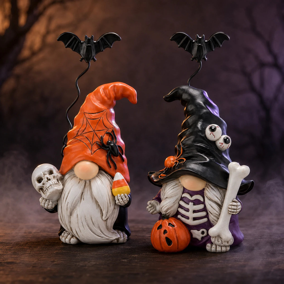 Hodao Resin Halloween Gnome Figurine Set, 2-Piece Pumpkin and Witch Gnome Decor with Spring-Loaded Flying Bat Topper, Skeleton Chest, Skull, Pumpkin and Candy Corn Details,Cute Creepy Hand-Painted Tabletop Ornament for Shelf,