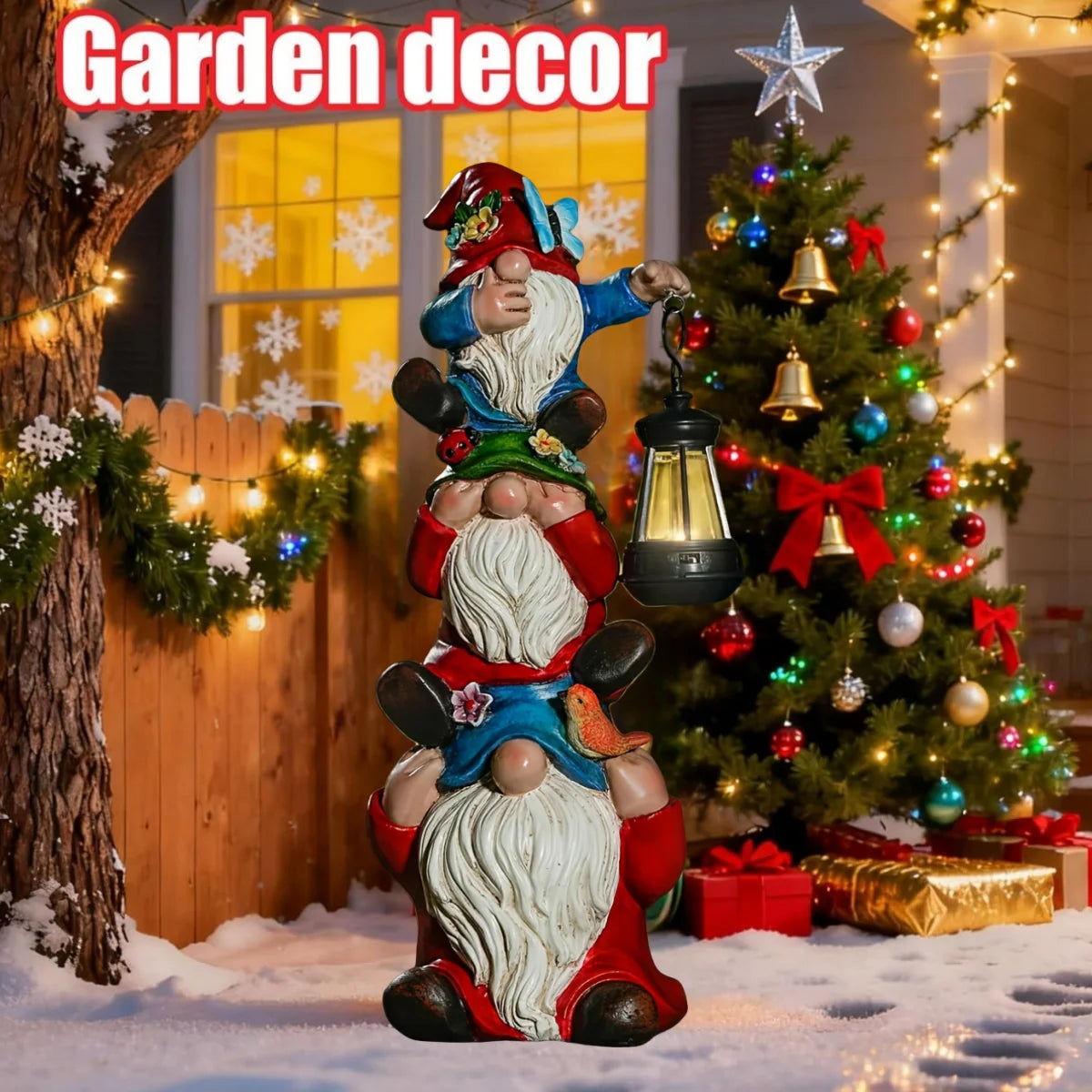 Christmas Outdoor Garden Solar Statue Lights Resin Triple Stack Elf Gnome Statues Funny Outdoor Decor for Patio Lawn Yard