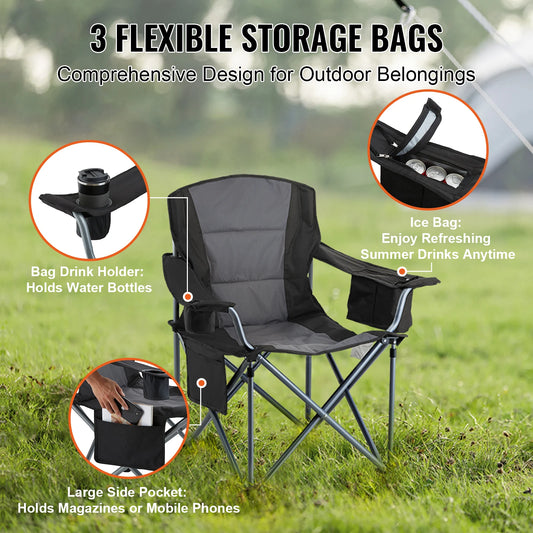 SucceBuy Camping Folding Chair for Adults Portable Quad Lumbar Back Padded Arm Chairs with Side Pockets for Beach, Lawn, Picnic
