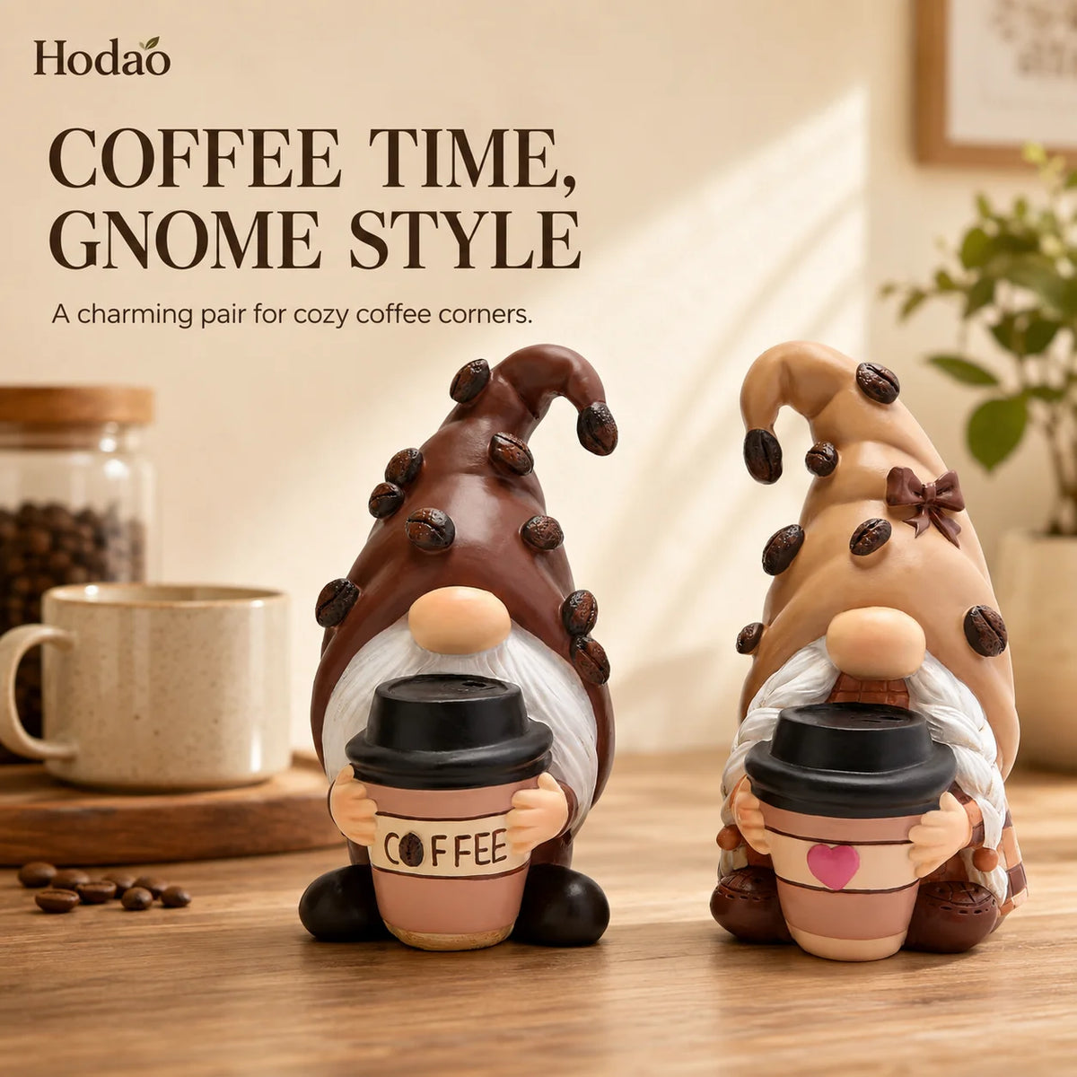 Hodao Resin Coffee Gnome Figurine Set Hand-Painted Cafe Couple with Bean-Decorated Hats, Takeaway Cups, Collectible Tabletop Accent for Kitchen Counter, Tiered Tray, Office, Dining Room, Housewarming Gift, Barista Lover Decor