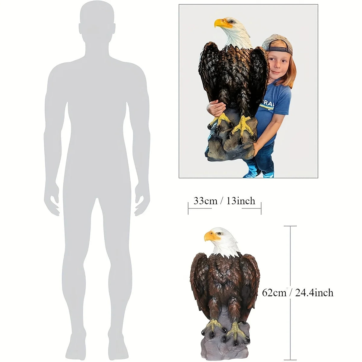 13' H X 24.4' Large Standing Bald Eagle Garden Statue Hand-Painted American Eagle Sculpture, Indoor & Outdoor Lawn Courtyard Decor, Patriotic Themed Ornament
