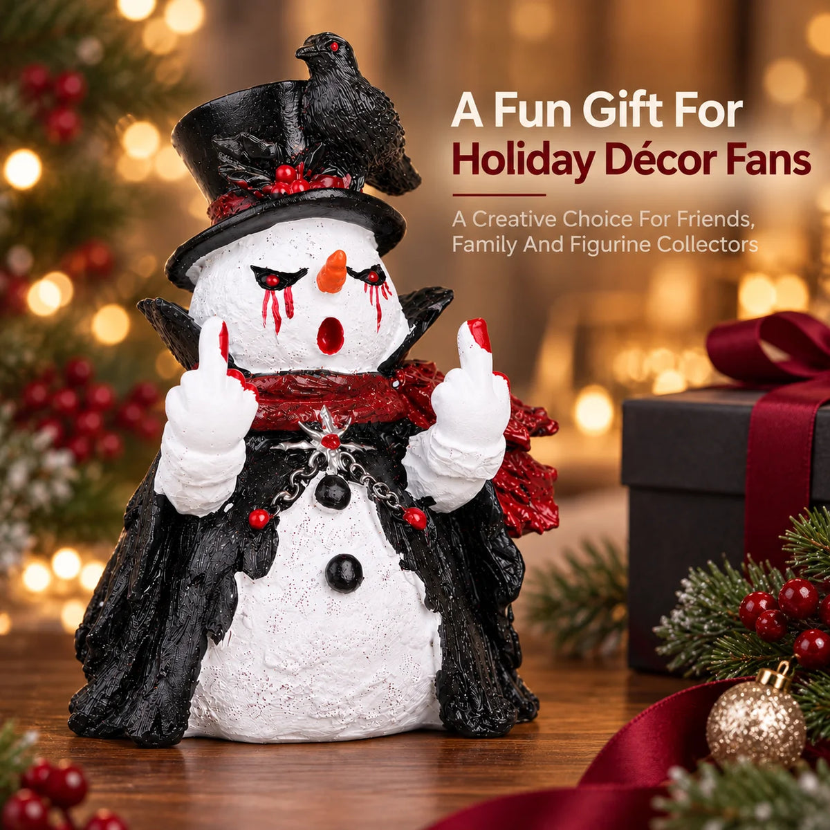 Hodao Gothic Christmas Snowman Figurine, Cute Funny Resin Statue with Black Raven, Top Hat Red Scarf and Cloak, Collectible Halloween Tabletop Decor for Shelf Mantel Office Desk Entryway Bedroom, Winter Holiday Party Display,