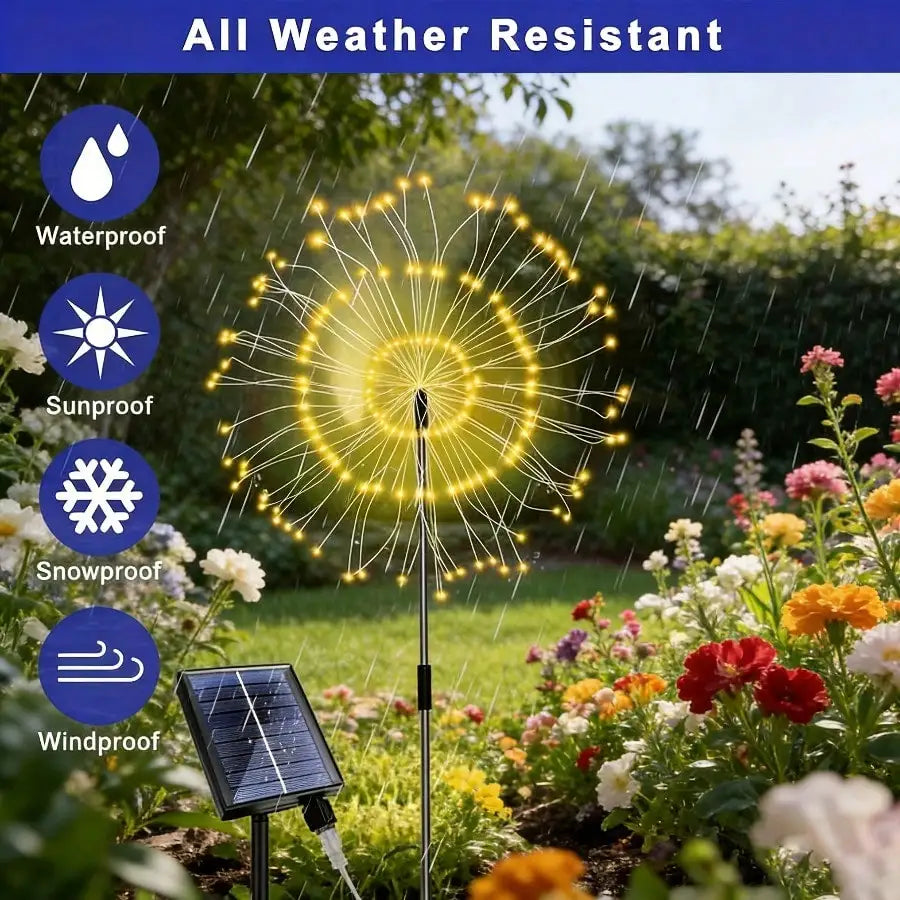 Set of 8 Solar-Powered LED Firework Garden Lights, 8 Lighting Modes, IP65 Rated, Ideal for Patios, Sidewalks, Camping, Parties, Weddings, Halloween, And Gatherings | Spectacular Display Lights | Durable Solar Lights | Summer