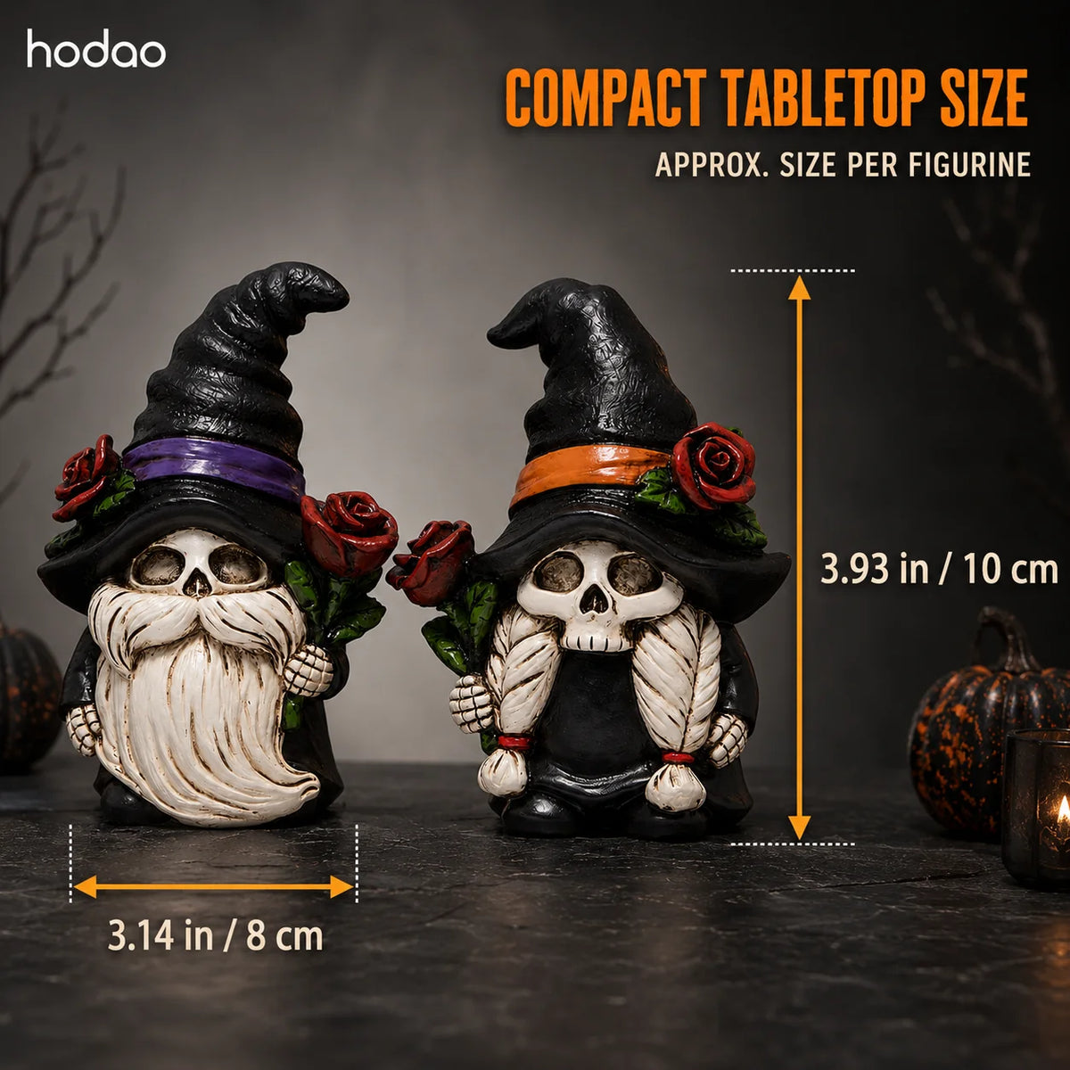 Hodao Resin Halloween Skull Gnome Figurine Set, 2-Piece Gothic Witch Couple with Black Hats, Red Roses, Collectible Shelf Decor