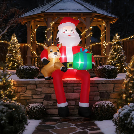 9.5ft Christmas Inflatable Sitting Santa with Reindeer Outdoor Blow Up Yard Decoration Built In LED Lights Lawn Garden Roof Display Holiday Party Winter Festival Home Decor