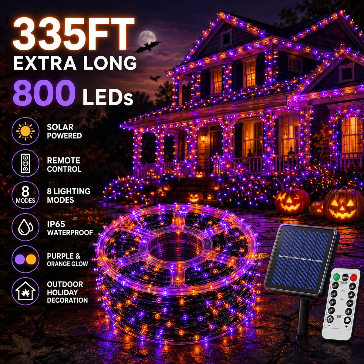 Halloween Solar String Lights Outdoor, 335FT Purple Orange LED 800 LED Solar Halloween String Lights with 335FT, Remote Control, 8 Modes, IP65 Outdoor Decoration for Yard, Roof and Patio