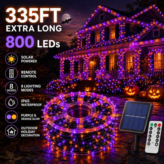 Halloween Solar String Lights Outdoor, 335FT Purple Orange LED 800 LED Solar Halloween String Lights with 335FT, Remote Control, 8 Modes, IP65 Outdoor Decoration for Yard, Roof and Patio