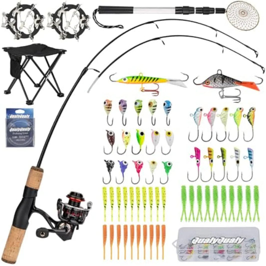 Portable Ice Fishing Rod and Reel Combo 28'' Set with Inline Reels Lures Ice Cleats Carrier Bag Folding Stool Fishing Line and