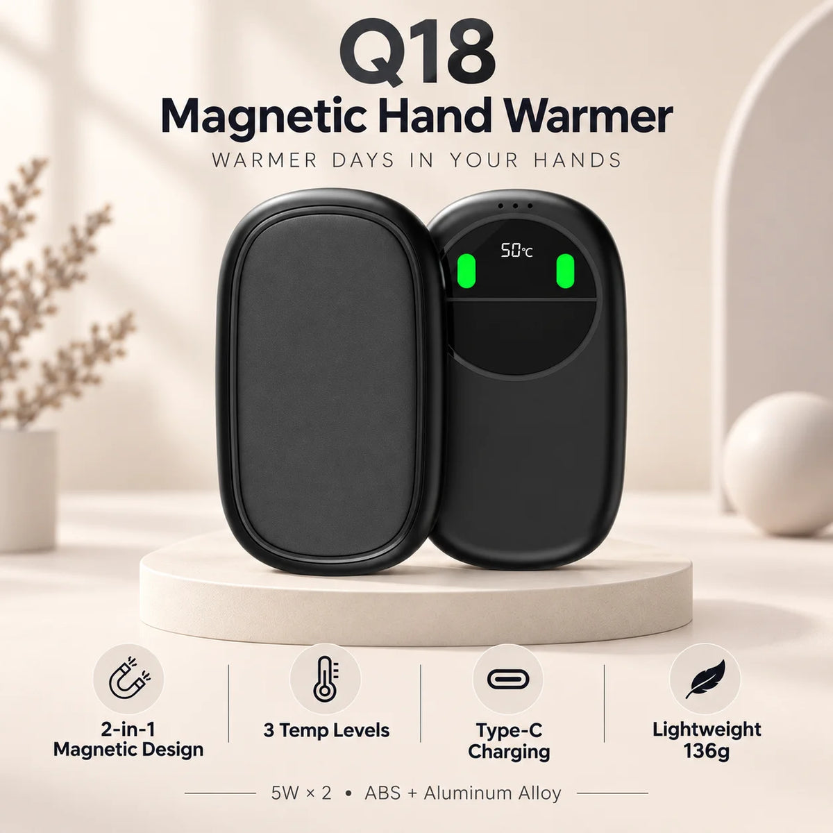 Smart Temp Control Magnetic Hand Warmer , 5W Dual Heating with Aluminum Alloy Shell. 3 Adjustable Temps (100-126°F), Long-Lasting Battery, Safe & Flame-Retardant, Portable Lanyard Design.