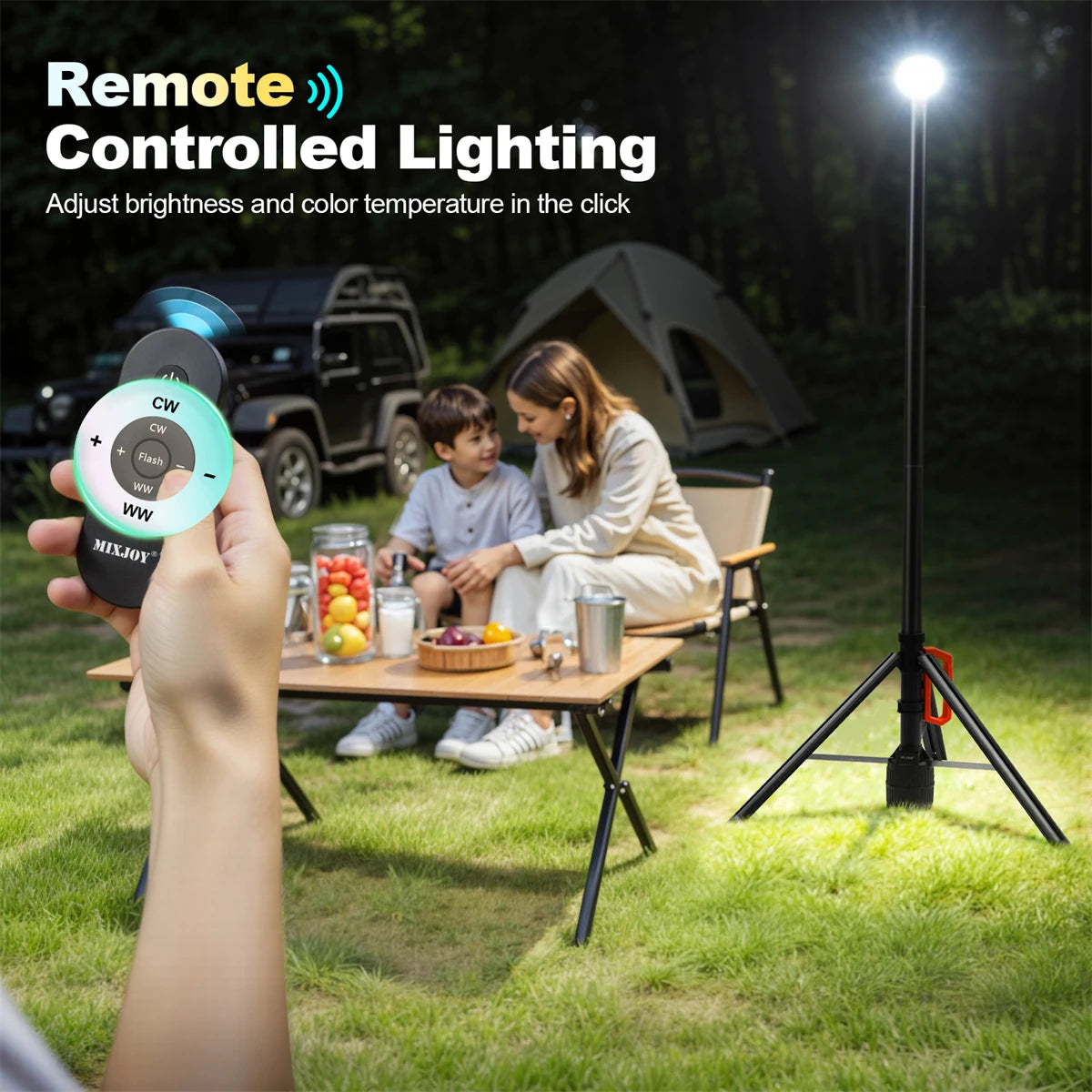 360° Rechargeable Work Light with Remote &Telescopic Stand (8.4Ft), 3000LM Ultra Bright 3CCT Dimmable, 5 Height Adjustments,6000mAh Battery, Portable Camping Light for Jobsite Sports