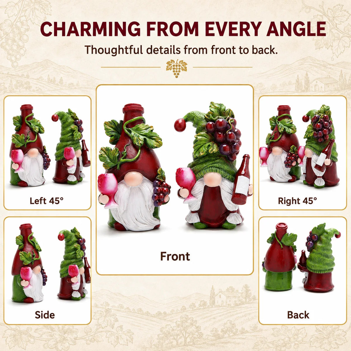 Hodao Wine Lover Gnome Statue Pair, Resin Figurines with Burgundy Bottle Hat, Green Grape Cap, Pink Goblets, Leaf Accents and White Beards, Whimsical Collectible Home Bar Decor for Kitchen Countertop, Winery Shelf, Hostess, B