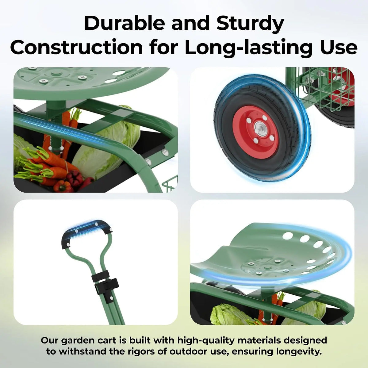 Tacleekii Garden Cart Sturdy Metal Utility Wagon Garden Rolling Stool with Wheels, Outdoor Garden Cart with Seat on Wheels Gardening Cart with Tool Tray, & Steering Handle, for Easy Planting and Yard Work