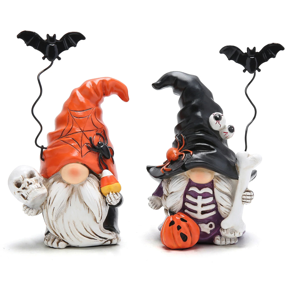 Hodao Resin Halloween Gnome Figurine Set, 2-Piece Pumpkin and Witch Gnome Decor with Spring-Loaded Flying Bat Topper, Skeleton Chest, Skull, Pumpkin and Candy Corn Details,Cute Creepy Hand-Painted Tabletop Ornament for Shelf,