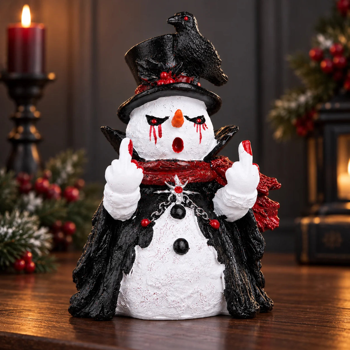 Hodao Gothic Christmas Snowman Figurine, Cute Funny Resin Statue with Black Raven, Top Hat Red Scarf and Cloak, Collectible Halloween Tabletop Decor for Shelf Mantel Office Desk Entryway Bedroom, Winter Holiday Party Display,