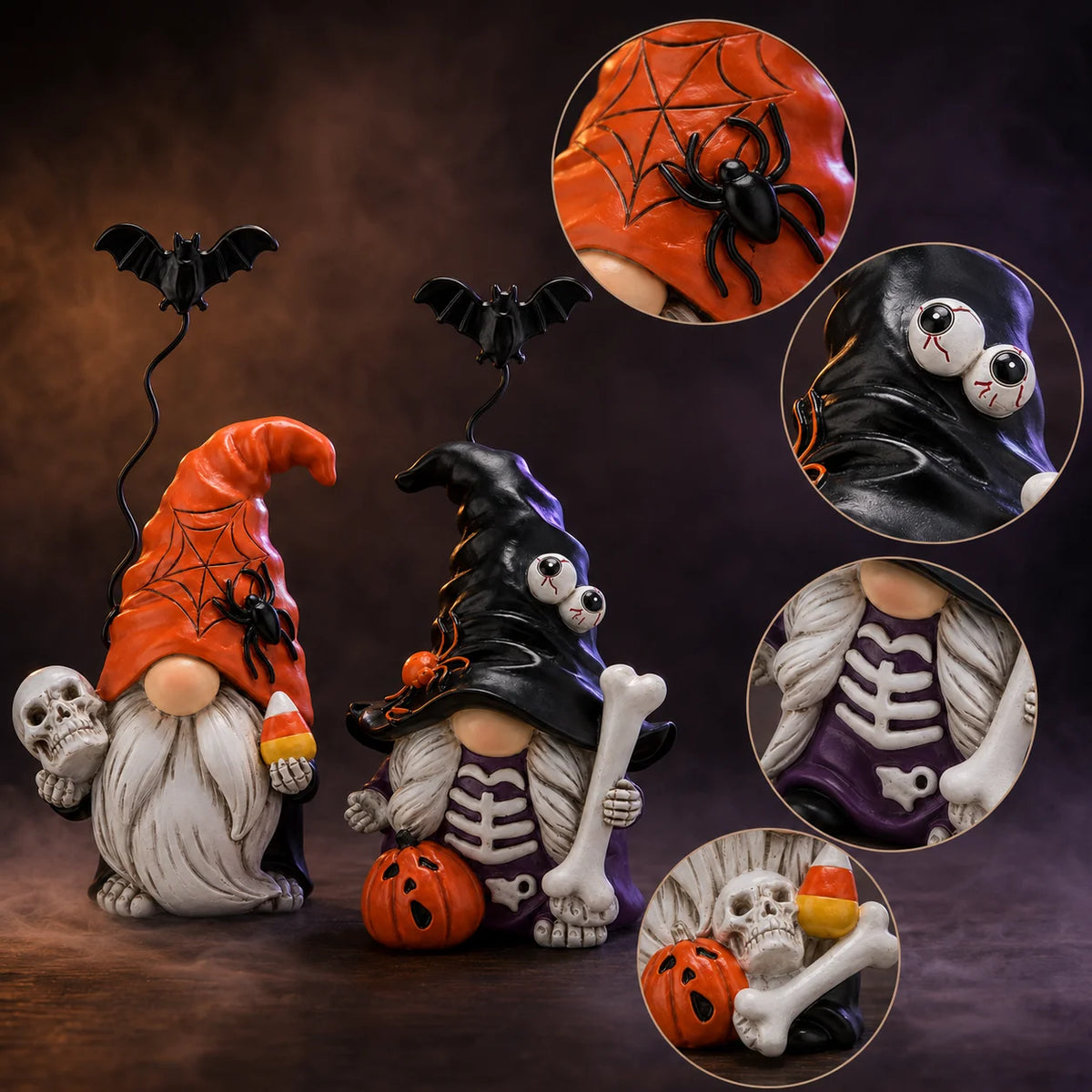 Hodao Resin Halloween Gnome Figurine Set, 2-Piece Pumpkin and Witch Gnome Decor with Spring-Loaded Flying Bat Topper, Skeleton Chest, Skull, Pumpkin and Candy Corn Details,Cute Creepy Hand-Painted Tabletop Ornament for Shelf,