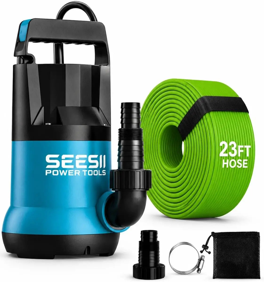SEESII 1HP Submersible Water Pump Sump Pump for Swimming Pool 4755 GPH High Flow With 23ft Hose Anti-Clogging Filter Bag,Hot Tub, Pond, Flooded Basement, Rooftop, Garden Water Removal