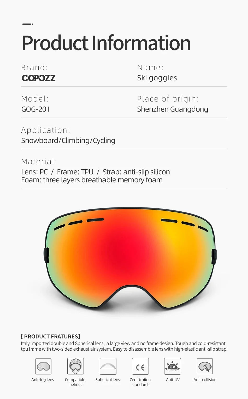 COPOZZ Adult Ski Goggles 2 Layer Lens Anti-Fog UV400 Day Night Spherical Snowboard Glasses Men Women Skiing Snow Goggles Set