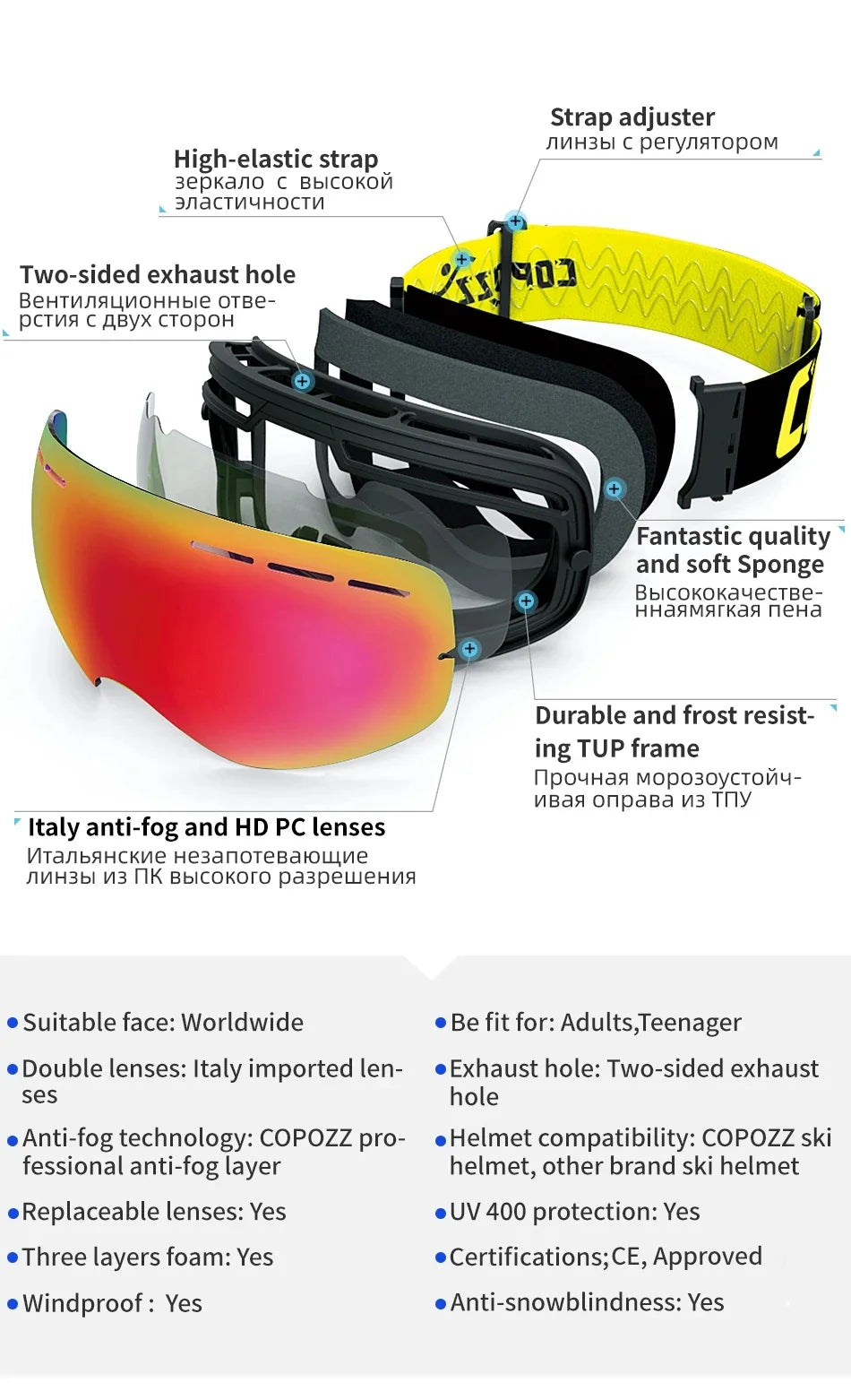 COPOZZ Adult Ski Goggles 2 Layer Lens Anti-Fog UV400 Day Night Spherical Snowboard Glasses Men Women Skiing Snow Goggles Set