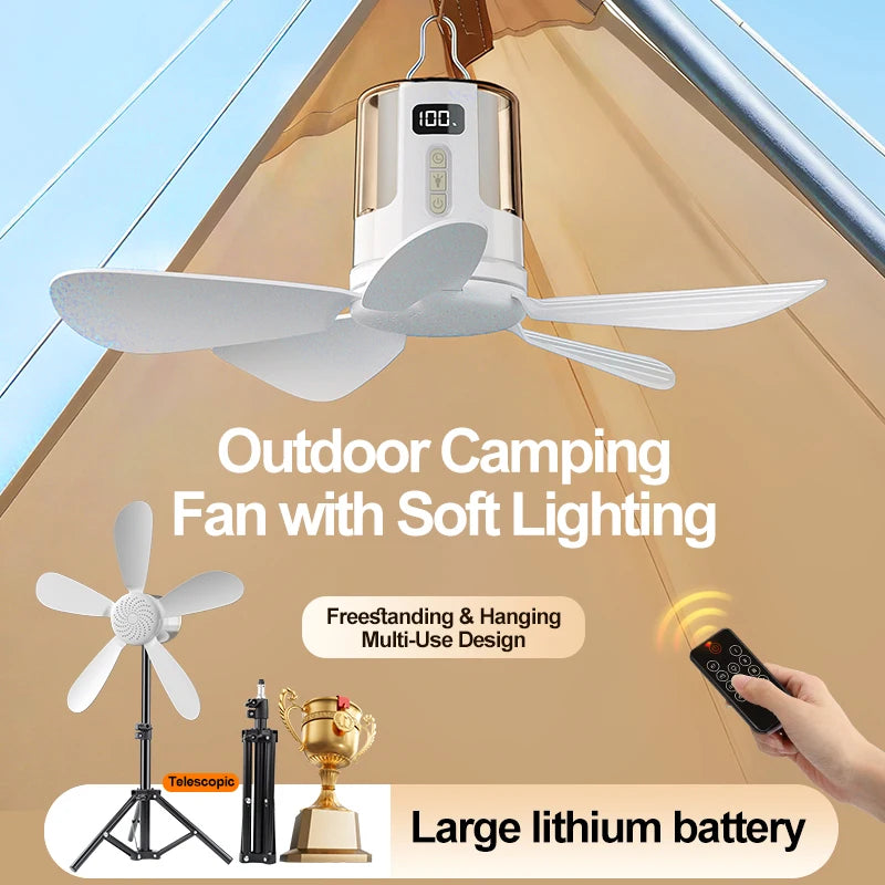 NEW Portable Camping LED Ceiling Fan with RGB Ambient Light 4 Gear Rechargeable Tent Hanging Fans for Bedroom Dorm Home Travel