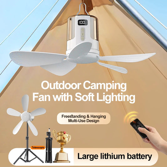 NEW Portable Camping LED Ceiling Fan with RGB Ambient Light 4 Gear Rechargeable Tent Hanging Fans for Bedroom Dorm Home Travel