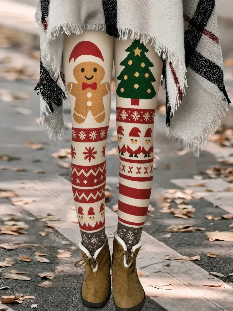 2026 New Style Women's Milk Silk Tight Pants, with a Cream-Colored Gingerbread Man Christmas Tree Pattern and a Snowflake Mosaic Print, Pure Red Tight Pants, with an Elastic High-Waist Design, Suitable for Daily Casual Wear a