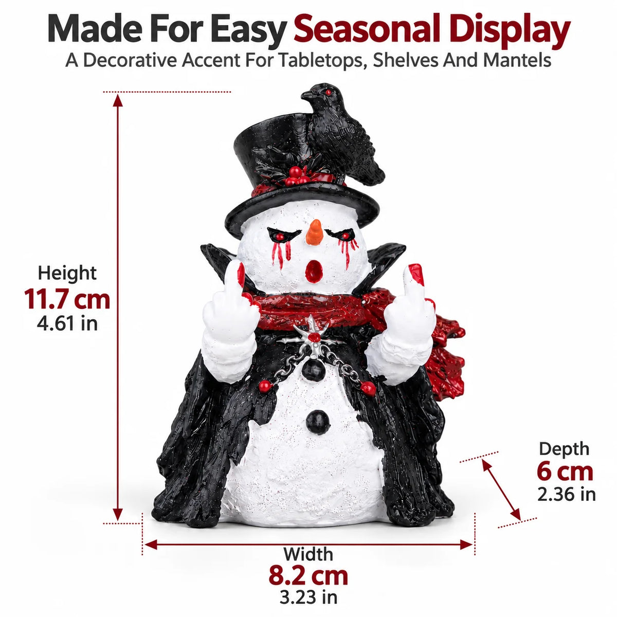 Hodao Gothic Christmas Snowman Figurine, Cute Funny Resin Statue with Black Raven, Top Hat Red Scarf and Cloak, Collectible Halloween Tabletop Decor for Shelf Mantel Office Desk Entryway Bedroom, Winter Holiday Party Display,
