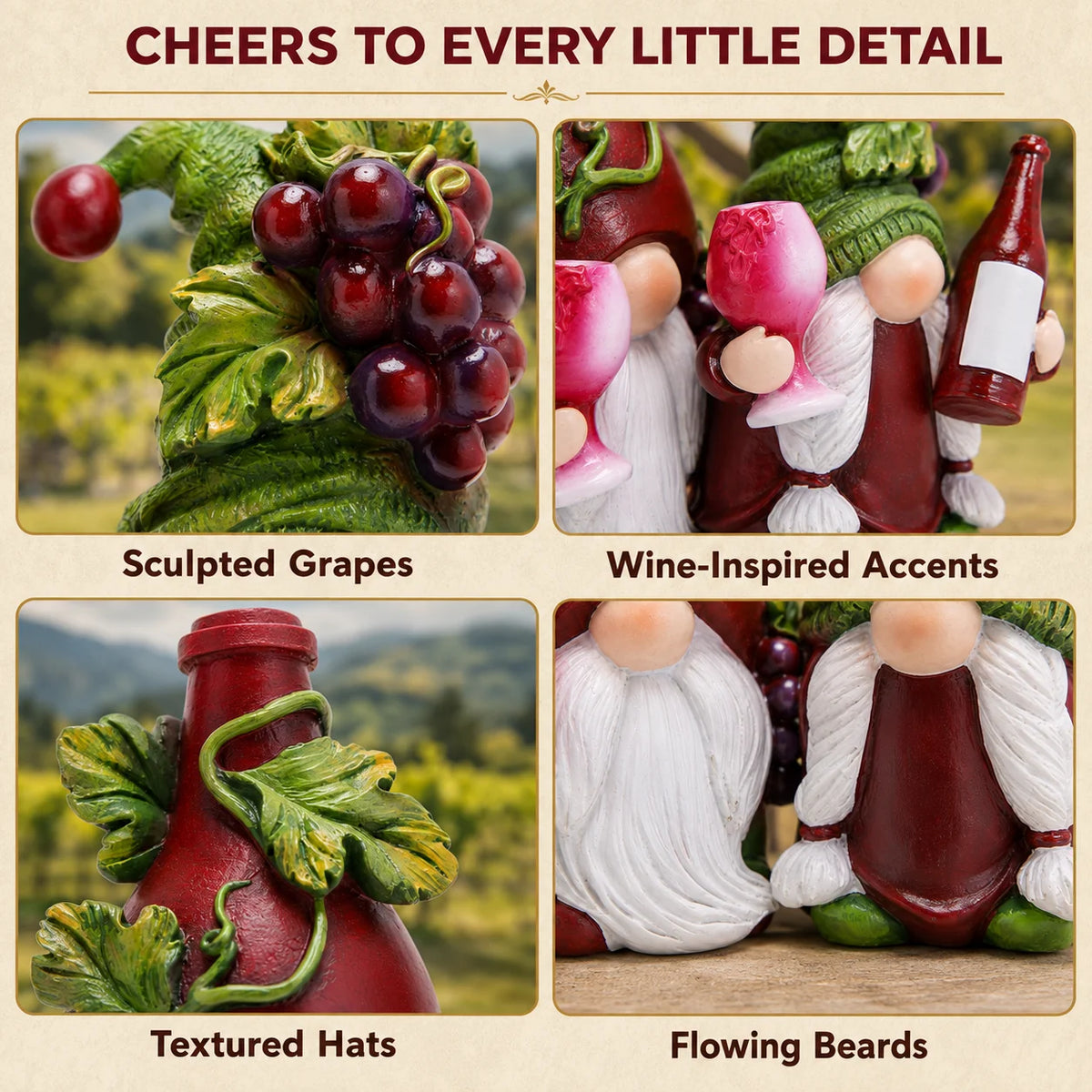 Hodao Wine Lover Gnome Statue Pair, Resin Figurines with Burgundy Bottle Hat, Green Grape Cap, Pink Goblets, Leaf Accents and White Beards, Whimsical Collectible Home Bar Decor for Kitchen Countertop, Winery Shelf, Hostess, B