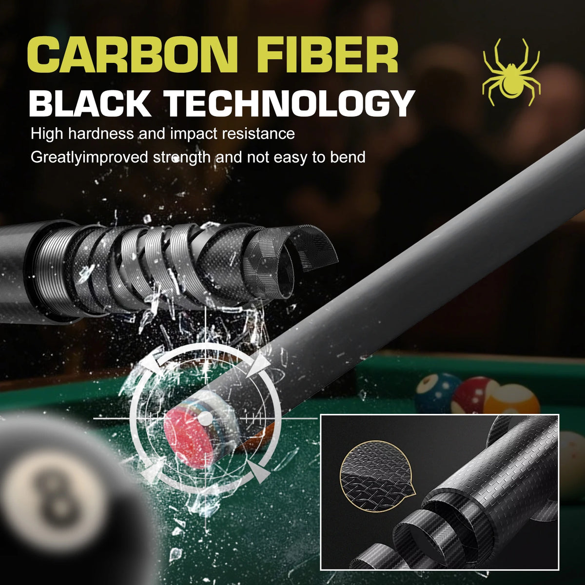 POINOS-R Series Carbon Fiber Pool Cue, 12.5mm Multi-layer Tip with Bullet Joint, Solid Wood Butt with Anti-Slip and Sweat Absorbing Grip, XTC Ferrule, Professional Pool Cue Sticks