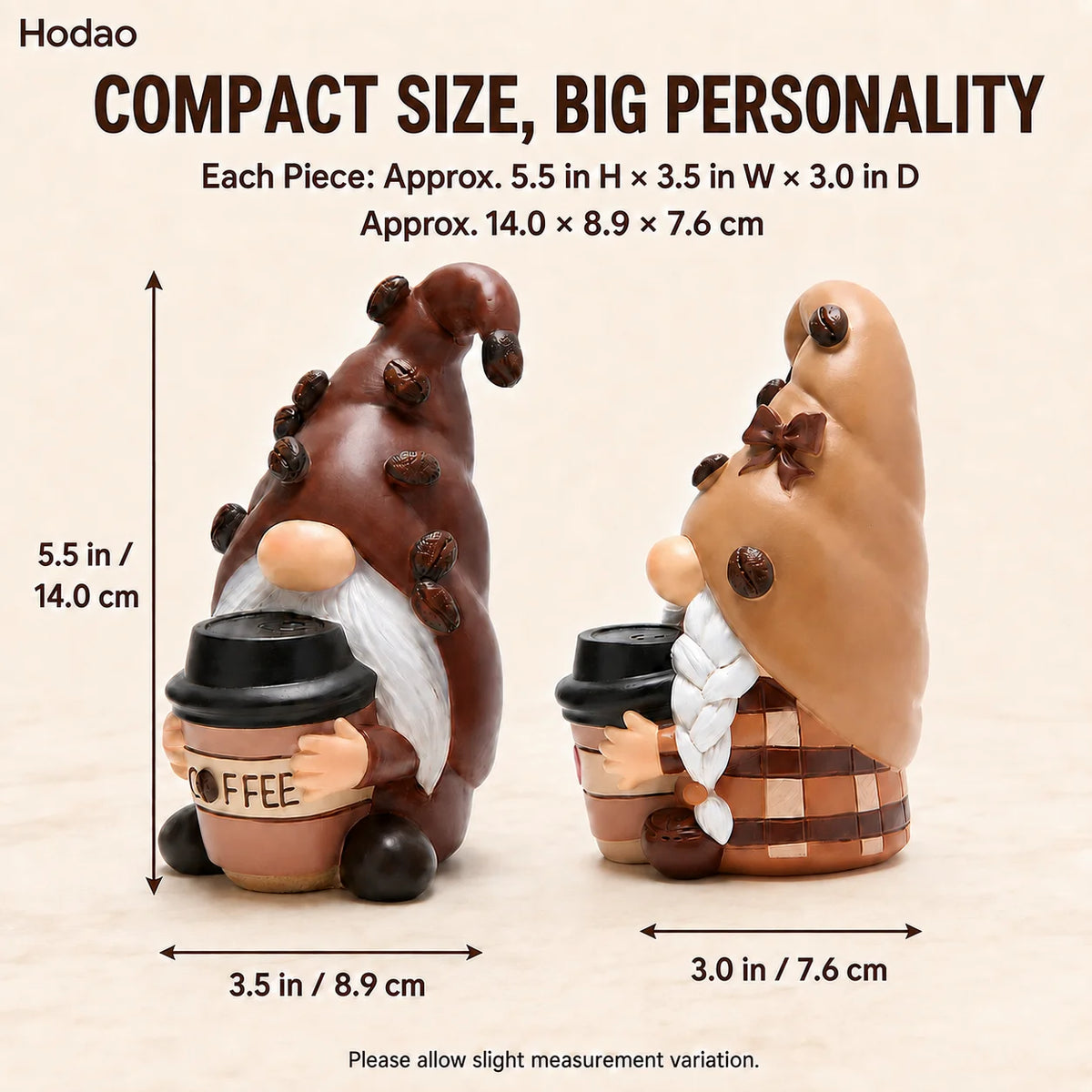 Hodao Resin Coffee Gnome Figurine Set Hand-Painted Cafe Couple with Bean-Decorated Hats, Takeaway Cups, Collectible Tabletop Accent for Kitchen Counter, Tiered Tray, Office, Dining Room, Housewarming Gift, Barista Lover Decor