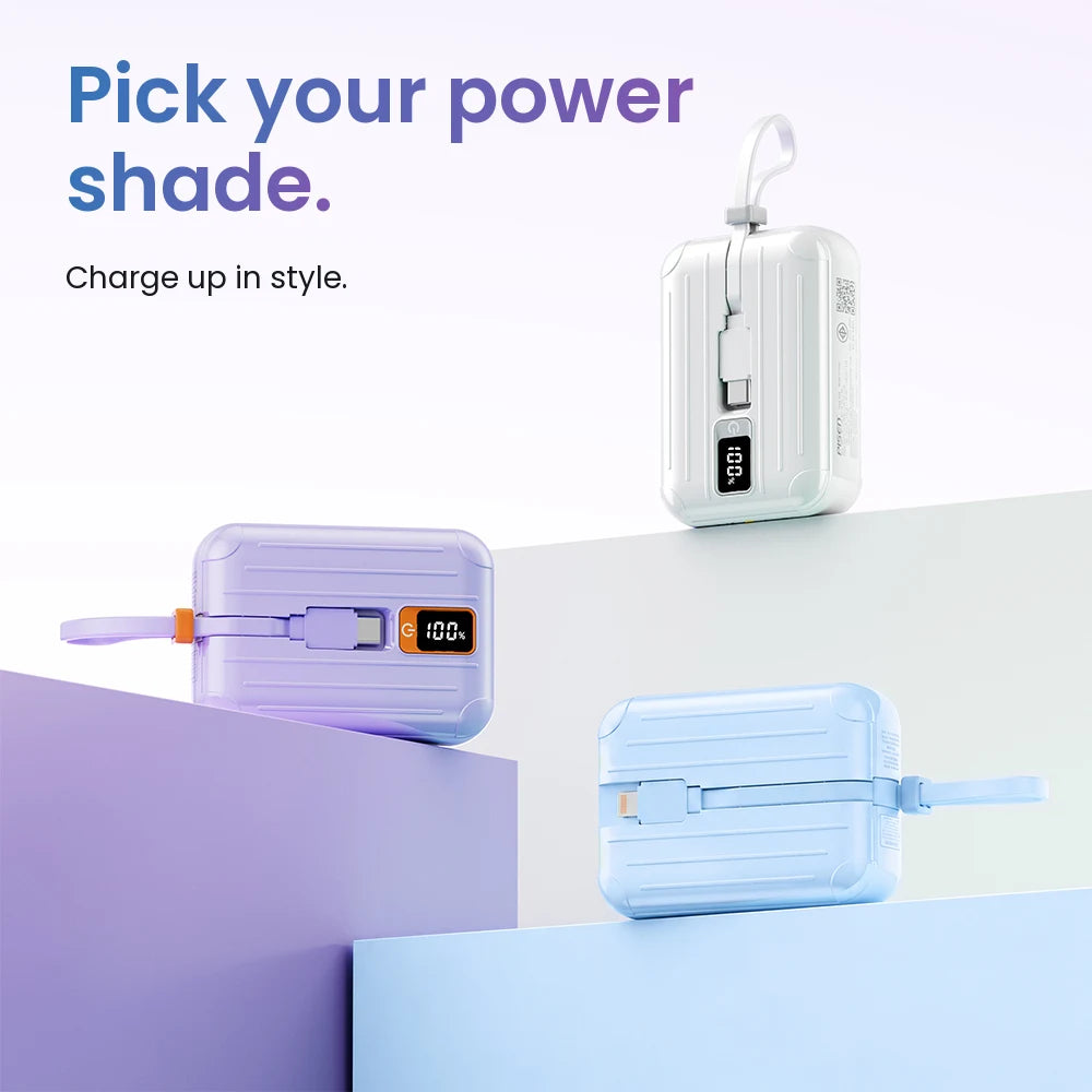 PISEN 22.5W Mini Portable 10000mAh Power Bank Built-in Dual Cables Type-C&Lightning Multi-Port Fast Charging 3 Device Simultaneous Charg With LED Display