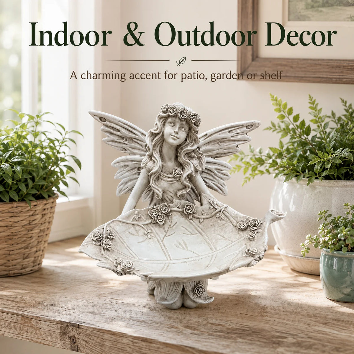 Garden Fairy Statue Bird Feeder with Leaf Tray Resin Art Figurine Outdoor Garden Patio Lawn Yard Decorative Bird Bath Ornament