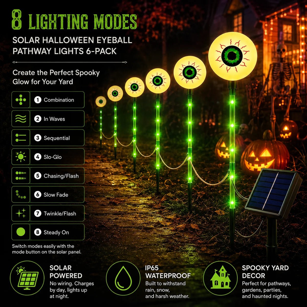 6Pack Halloween Eyeball Lights Solar Garden Decor Outdoor Solar Halloween Eyeball Lights with Glowing Eyes, IP65 Waterproof Design for Outdoor Yard, Garden, Pathway and Party Decor.