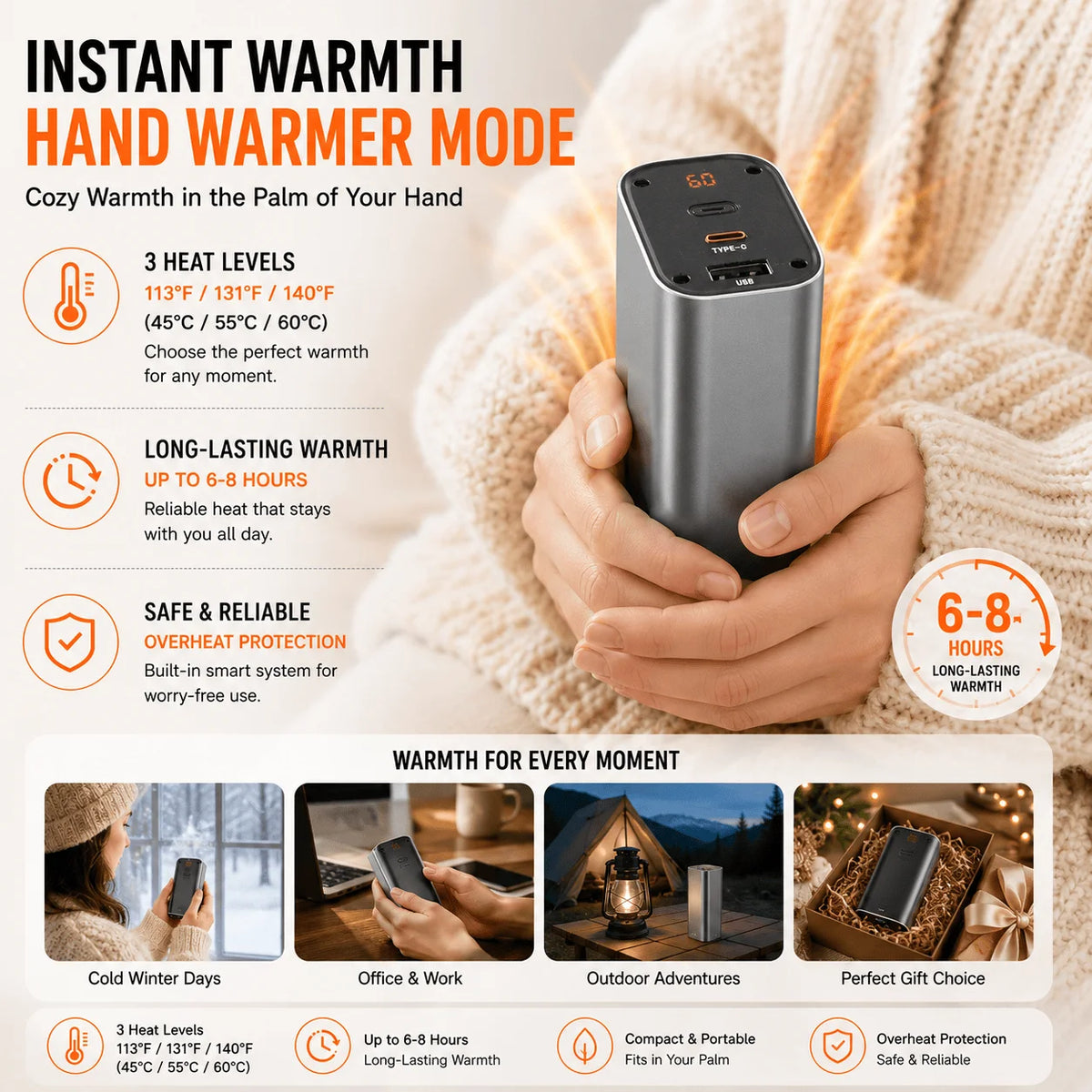 2026 New 3-in-1 Portable Hand Warmer Fan with Power Bank, Rechargeable Mini Hand Warmer & Personal Cooling Fan, 9000 mAh Battery Life Heated Hand Warmer for Travel, Office, Outdoor Use