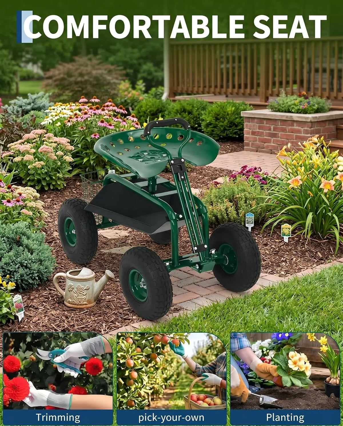 Rolling Garden Cart with Seat Garden Workseat with 360-Degree Swivel Height Adjustable Rolling Garden Stool Extendable Handle for Lawn Patio