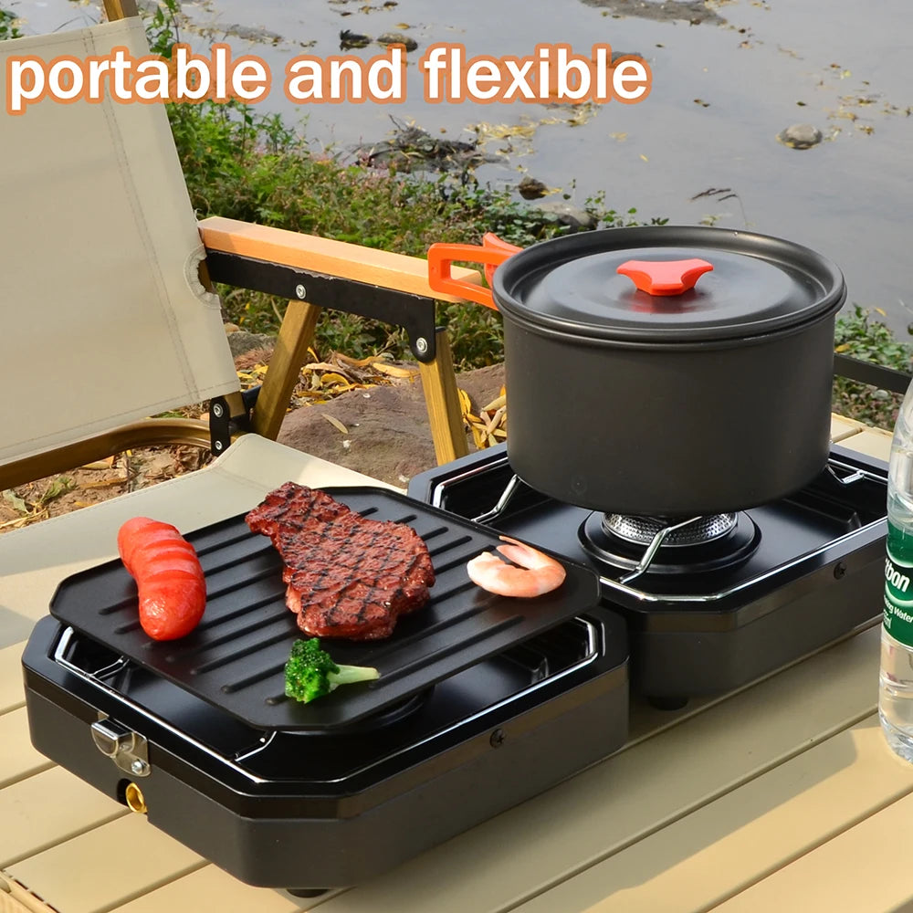New Design Outdoor  BBQ  Grill Dual  Gas Burner  with BBQ Pan Foldable  Double 2300W Power Portable  For Camping Fishing Hiking